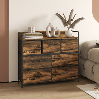 HOMCOM Kommode, Sideboard mit 7 Stoffschubladen, Industrial Design, Stahlrahmen, 98x29x85cm, Braun/Schwarz