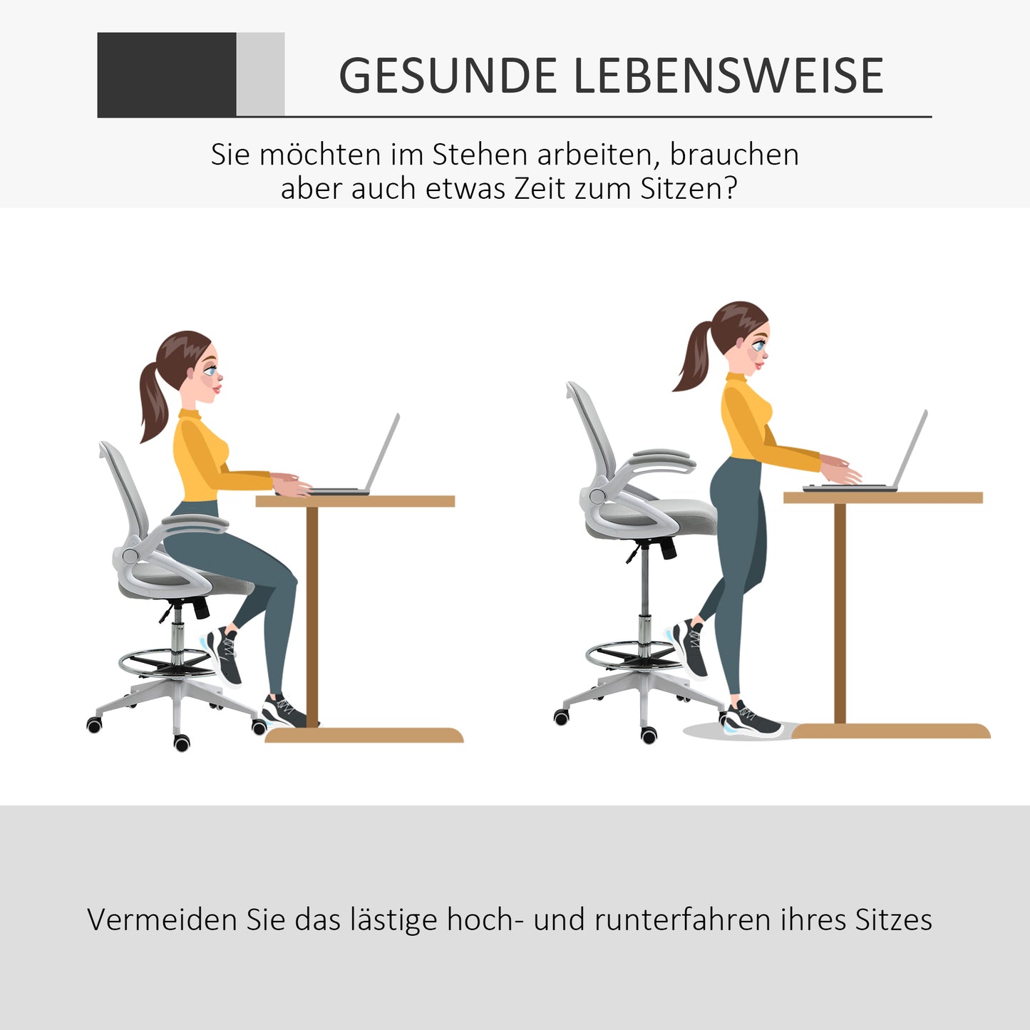 Vinsetto Bürosessel, Schreibtischstuhl, Stehfunktion, mit Fußablage, drehbarer Sitz, Stahl, schwarz, 64 x 60 x 106-126cm