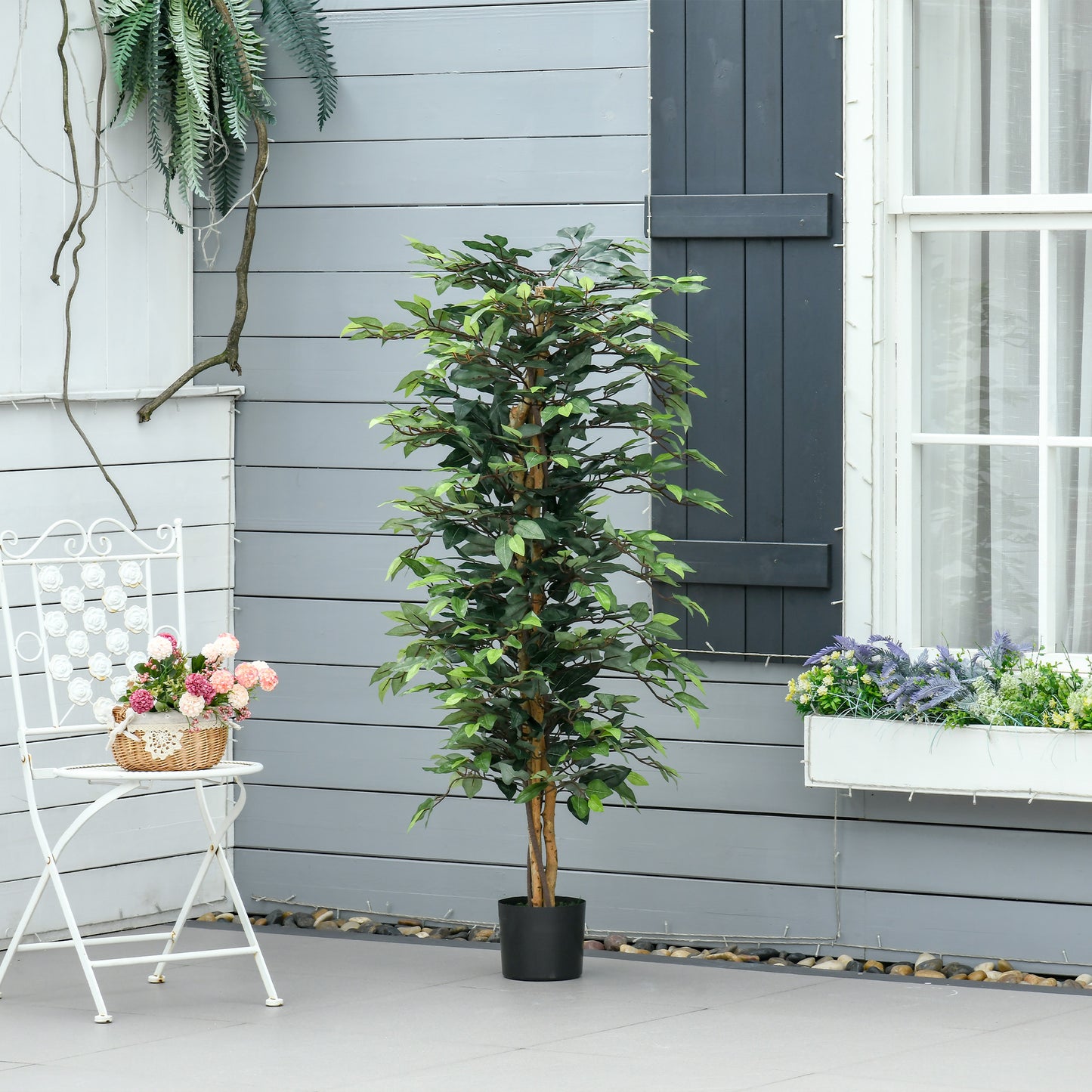 HOMCOM Künstlicher Ficus-baum groß 150 cm Kunstbaum, Kunstpflanze, Plastik Künstliche Pflanzen im Topf, Fake Plant wie echt für Wohnzimmer Schlafzimmer Büro Garten Moderne Dekoration Geschenk