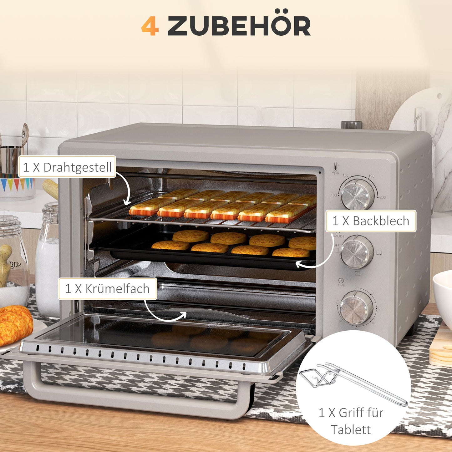 HOMCOM Minibackofen, 21 L Toasterofen mit 1 Drahtgestell und 1 Backblech, 3 Kochmodi, 100 °C-230 °C, Edelstahl, Glas, Silber