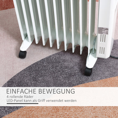 HOMCOM Ölheizung, 2500W, 3 Heizstufen, Zeitschaltuhr, frei beweglich, Stahl, weiß, 50,5 x 24 x 63 cm