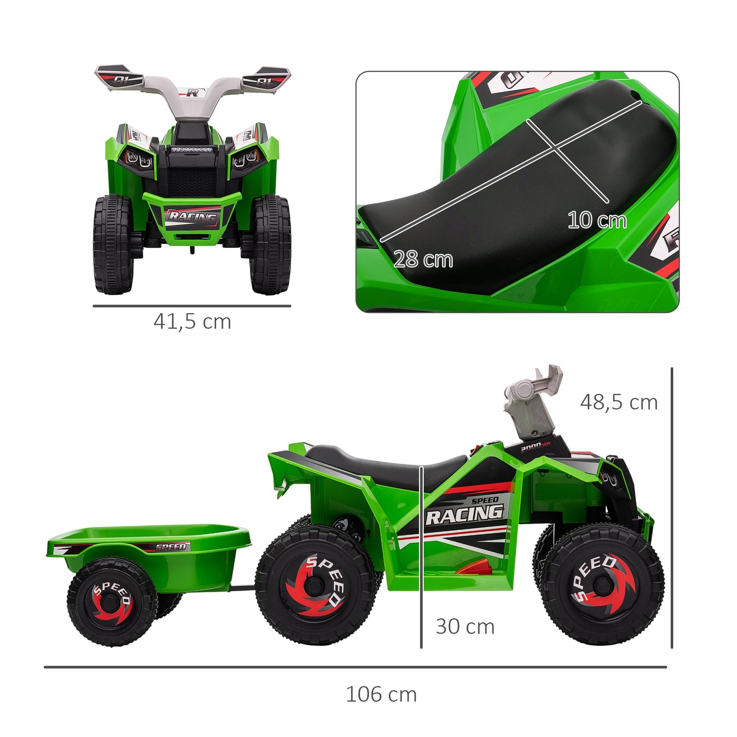 HOMCOM Kinderquad, aufladbar, 2,5 km/h, mit Anhänger, 50 Min. Fahrzeit, für Kinder 1,5 bis 3 Jahre, Grün