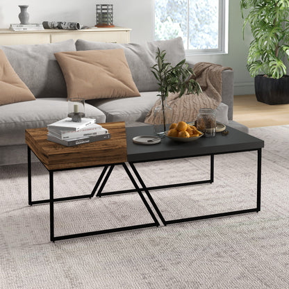 HOMCOM Couchtisch-Set, 2 Beistelltische, Industrial Design, Stahlrahmen, Holz/Schwarz
