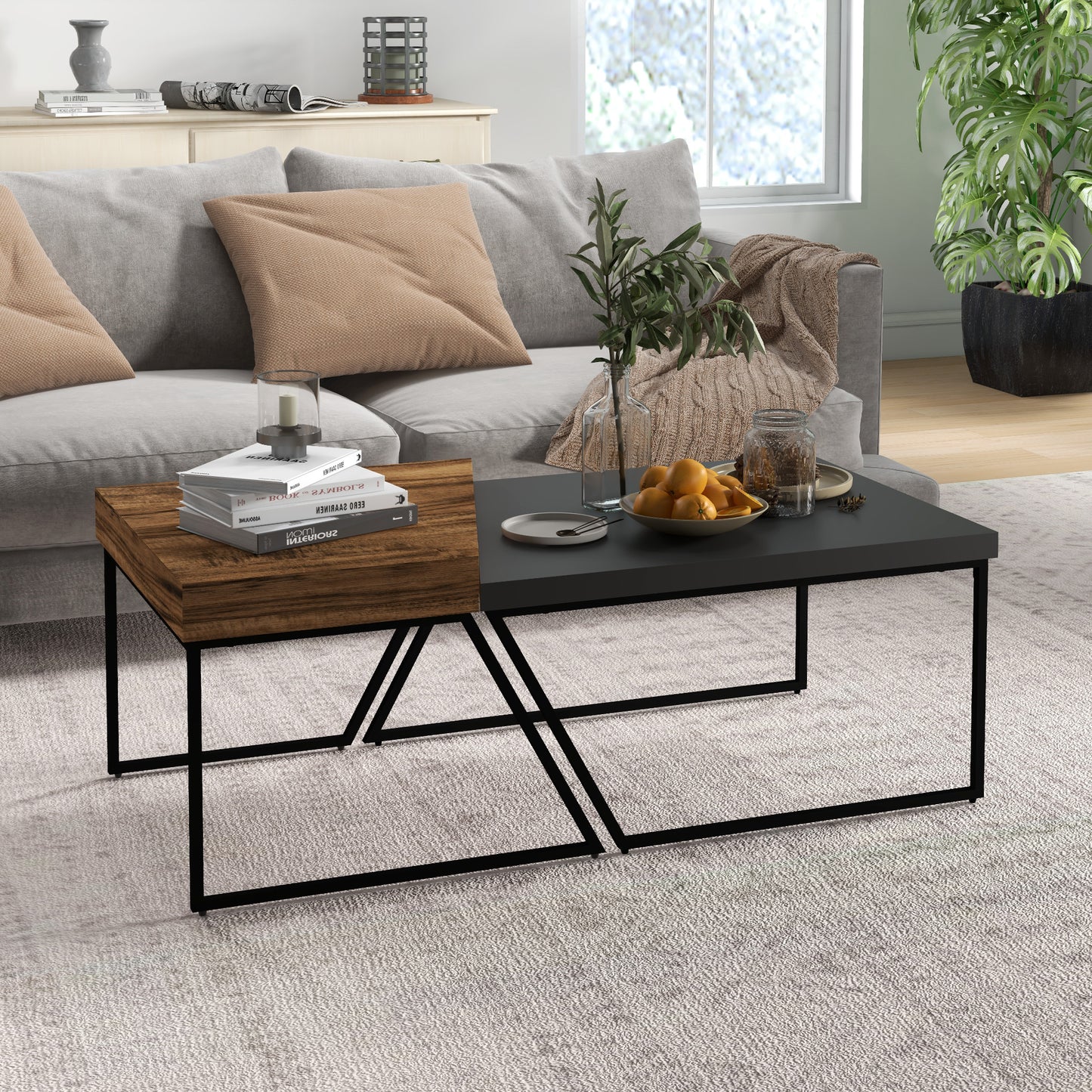 HOMCOM Couchtisch-Set, 2 Beistelltische, Industrial Design, Stahlrahmen, Holz/Schwarz