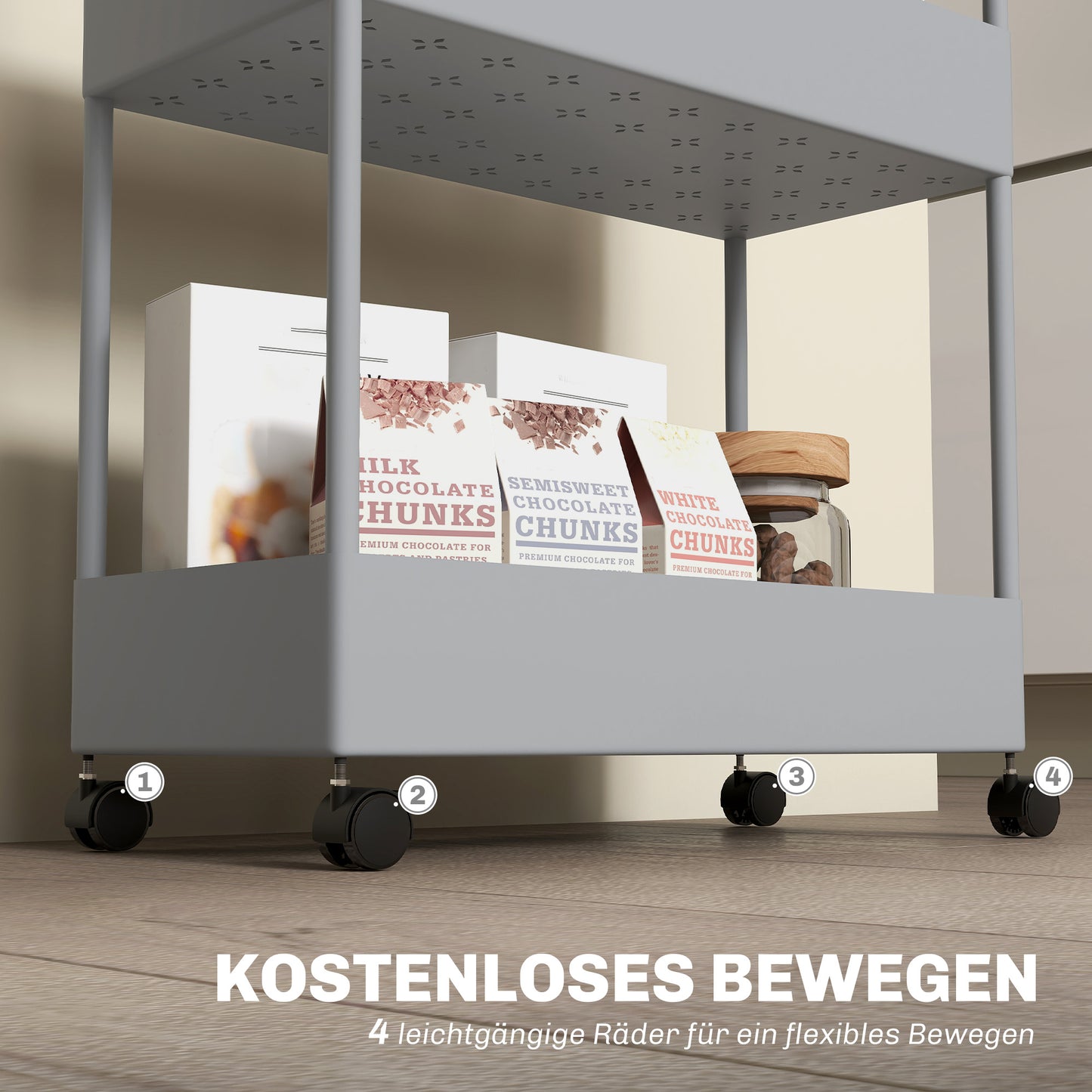 HOMCOM Küchenwagen mit 4 Regalen, 4 flexiblen Haken, 4 Rollen, 40 cm x 19 cm x 90 cm, Nischenwagen, Grau