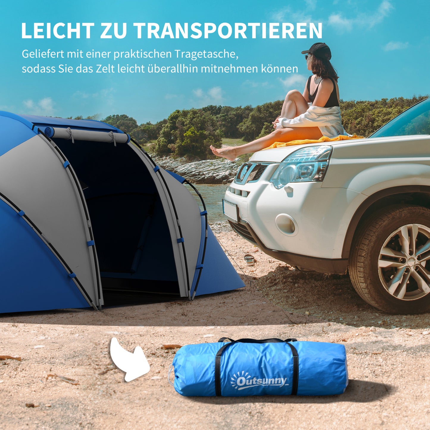 Outsunny Campingzelt für 4-6 Personen leicht, stabil wasserdicht Familienzelt mit Eingang Bodenplane, Zelt mit 2000mm Wassersäule Tunnelzelt Kuppelzelt für Camping Reise Trekking Garten, Blau