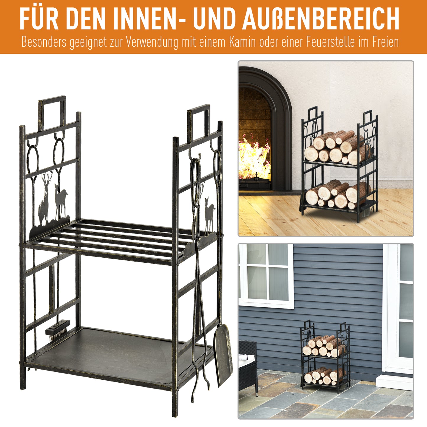 Outsunny Kaminholzständer mit Kaminbesteck, Brennholzregal Feuerholzablage Kaminwerkzeug Eisen Schwarz+Gold 51,5x33x77 cm