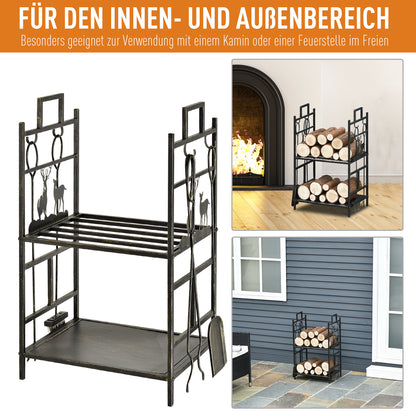 Outsunny Kaminholzständer mit Kaminbesteck, Brennholzregal Feuerholzablage Kaminwerkzeug Eisen Schwarz+Gold 51,5x33x77 cm