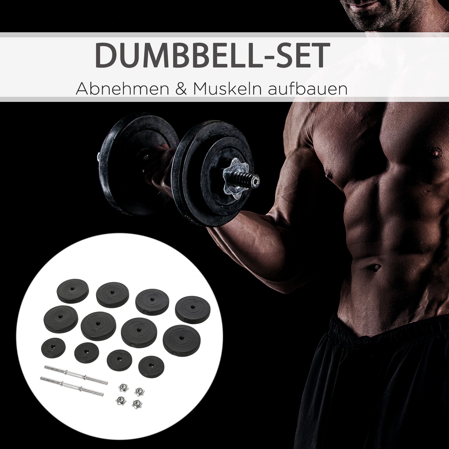 HOMCOM Kurzhantel-Set 2 x 25 kg, 2 x 6 Hantelscheiben mit Kunststoffhülle, bodenschonend, Schwarz