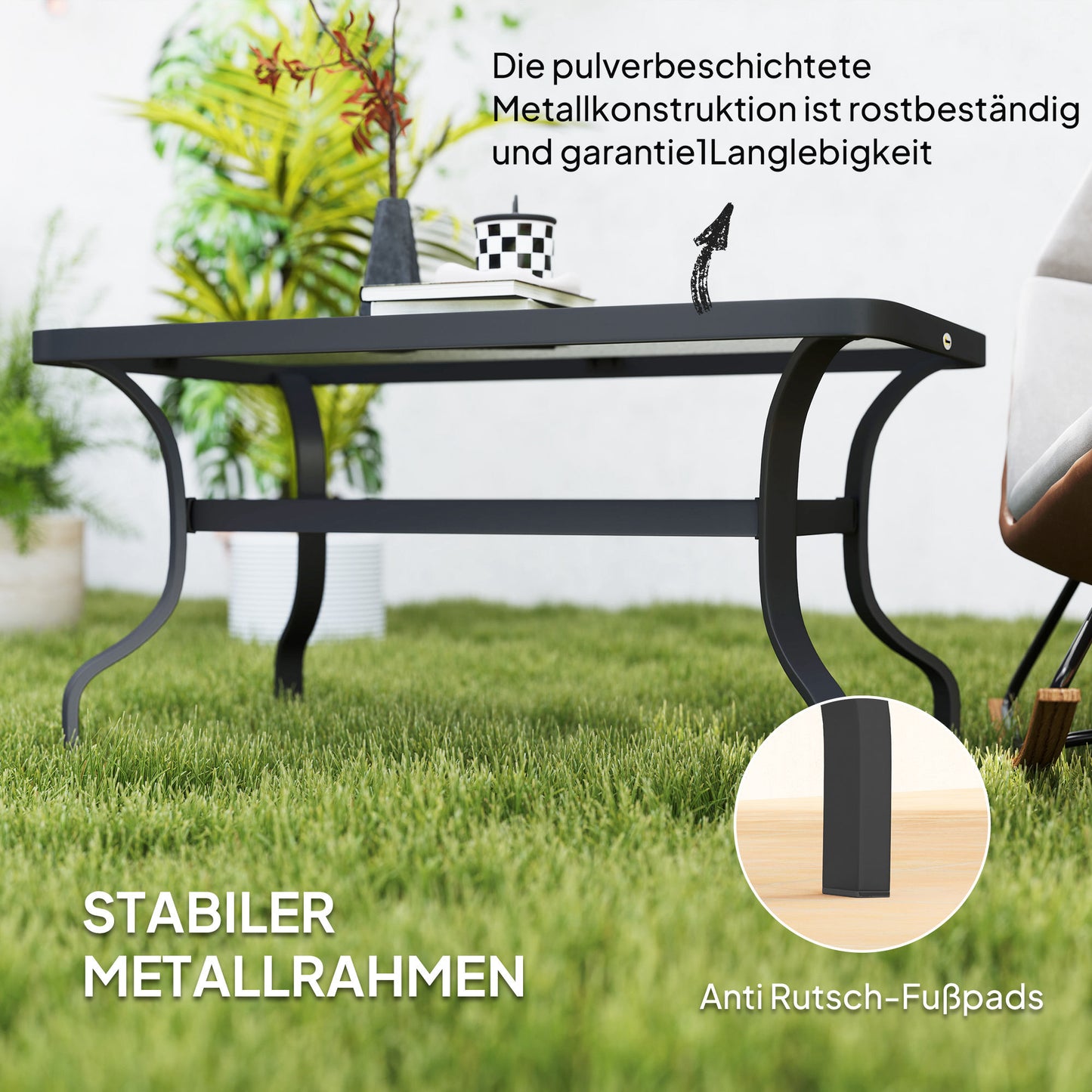 Outsunny Beistelltisch Hartglas Kaffeetisch Couchtisch mit Wellendesign, Abgerundete Ecke Balkontisch 95x55 cm Schwarz