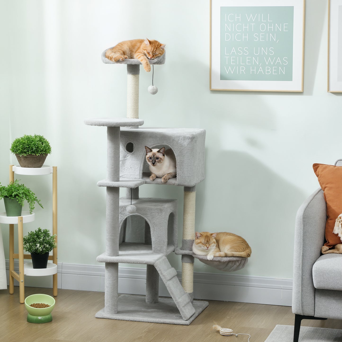 PawHut 140 cm Katzenkratzbaum, mehrere Ebenen, Sisal-Kratzpfosten, Höhlen, Plüsch-Plattformen, Hängematte, Leiter, Spielbälle