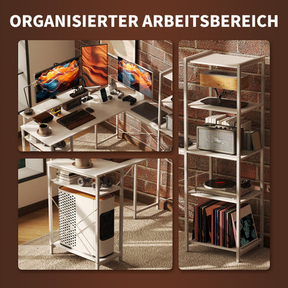 HOMCOM L-förmiger Schreibtisch mit Ladestation, Eck-Computertisch mit Monitorständer und Regalen, für Homeoffice, Büro, Weiß