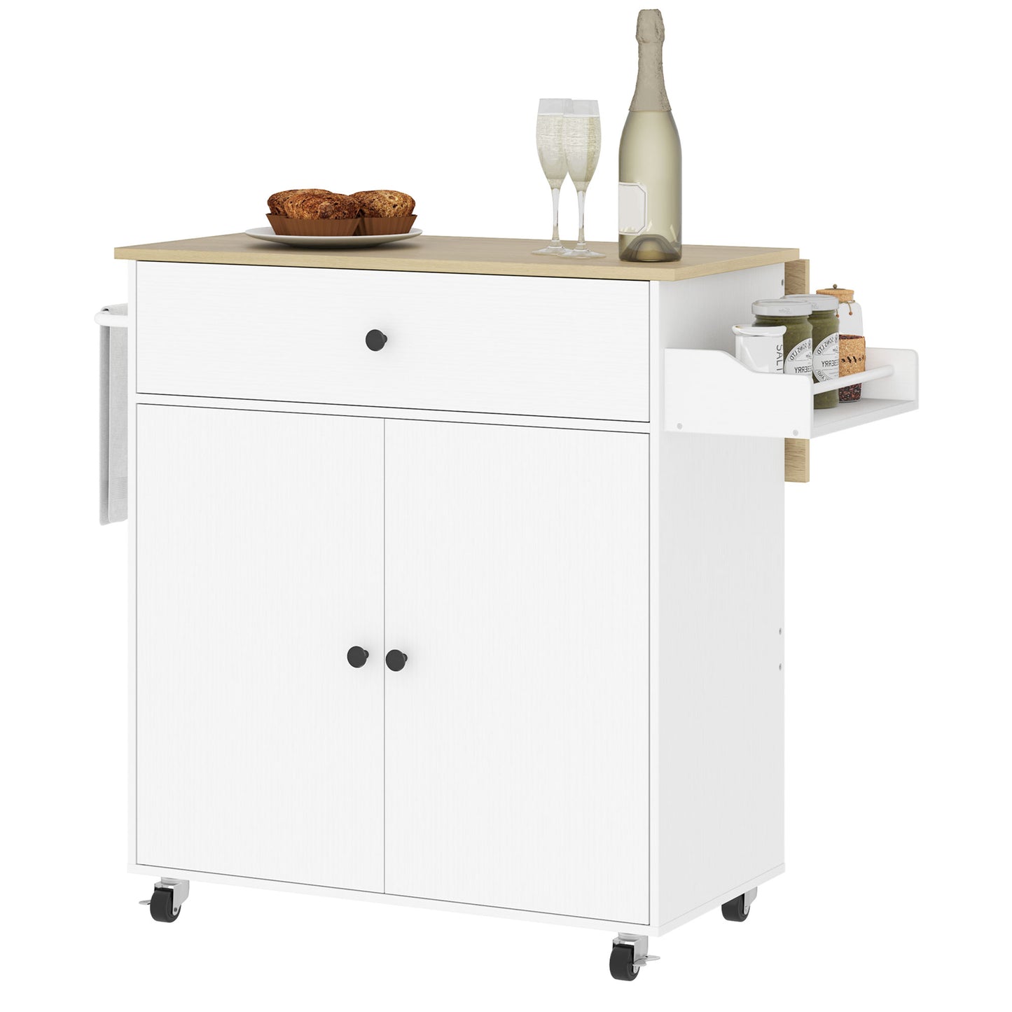 HOMCOM Küchenwagen mit Schublade, Schrankfach, Handtuchstange, 106 x 42 x 87 cm, Weiß/Eiche