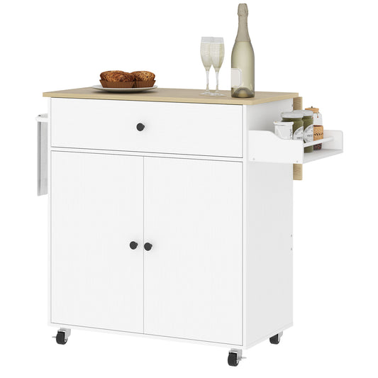 HOMCOM Küchenwagen mit Schublade, Schrankfach, Handtuchstange, 106 x 42 x 87 cm, Weiß/Eiche