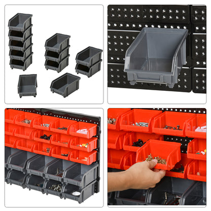 DURHAND Aufbewahrungs-System Wandregal mit Stapelboxen, 30 Boxen, 2 Lochplatten, 37,5 cm x 18 cm x 63 cm, Rot + Grau+ Schwarz