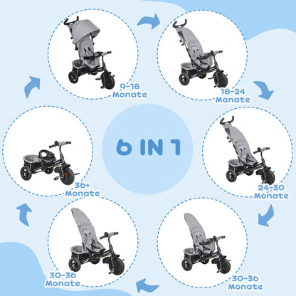 HOMCOM Kinder-Dreirad, Kinderfahrrad, Rückenkorb, Becherhalter, Sonnendach, Metall, Grau
