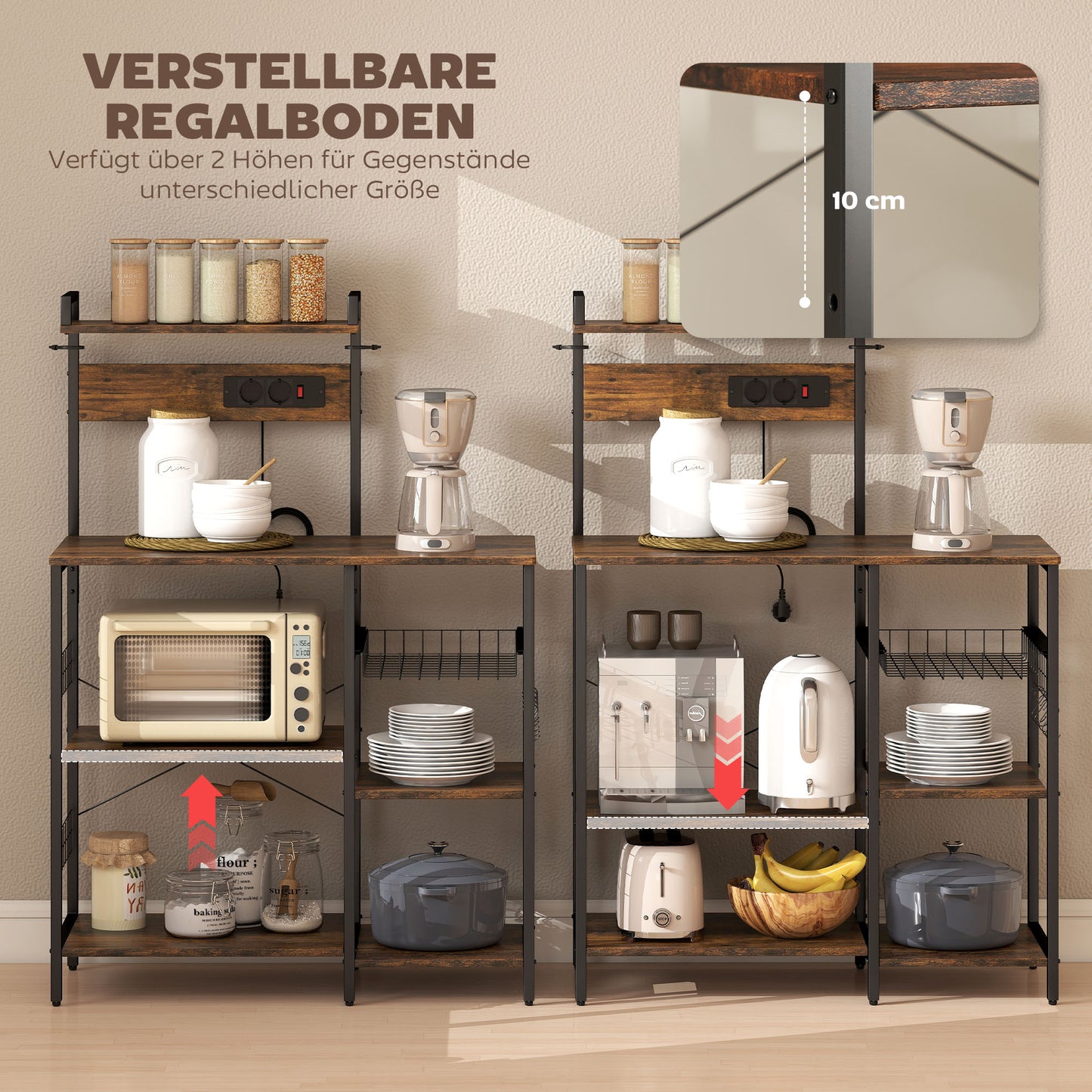 HOMCOM Küchenregal, Standregal mit 2 Steckdosen, 5 S-Haken, 5 Ablagen, Korb, X-Streben Stahl 90 x 42 x 130 cm