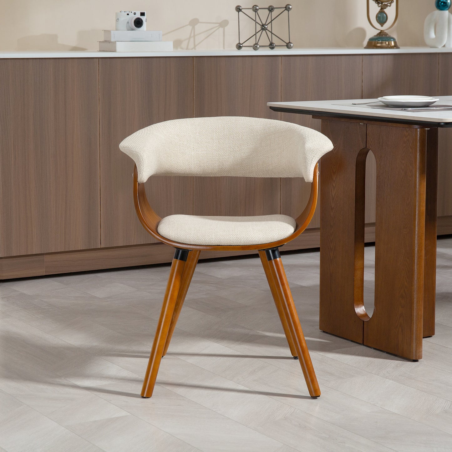 HOMCOM Esszimmerstuhl, Stoff in Leinenoptik, gebogene Rückenlehne, Holzbeine, Beige