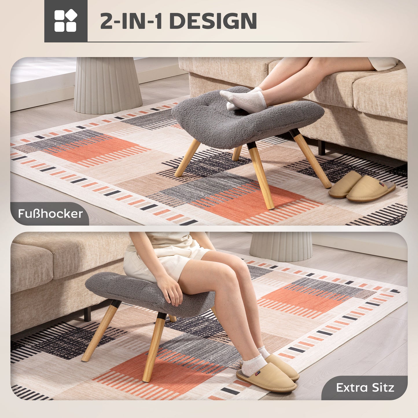HOMCOM Moderner Fußhocker mit Fleece-Bezug und Holzbeinen, gepolstert, für Wohnzimmer, Schlafzimmer, Flur, Dunkelgrau