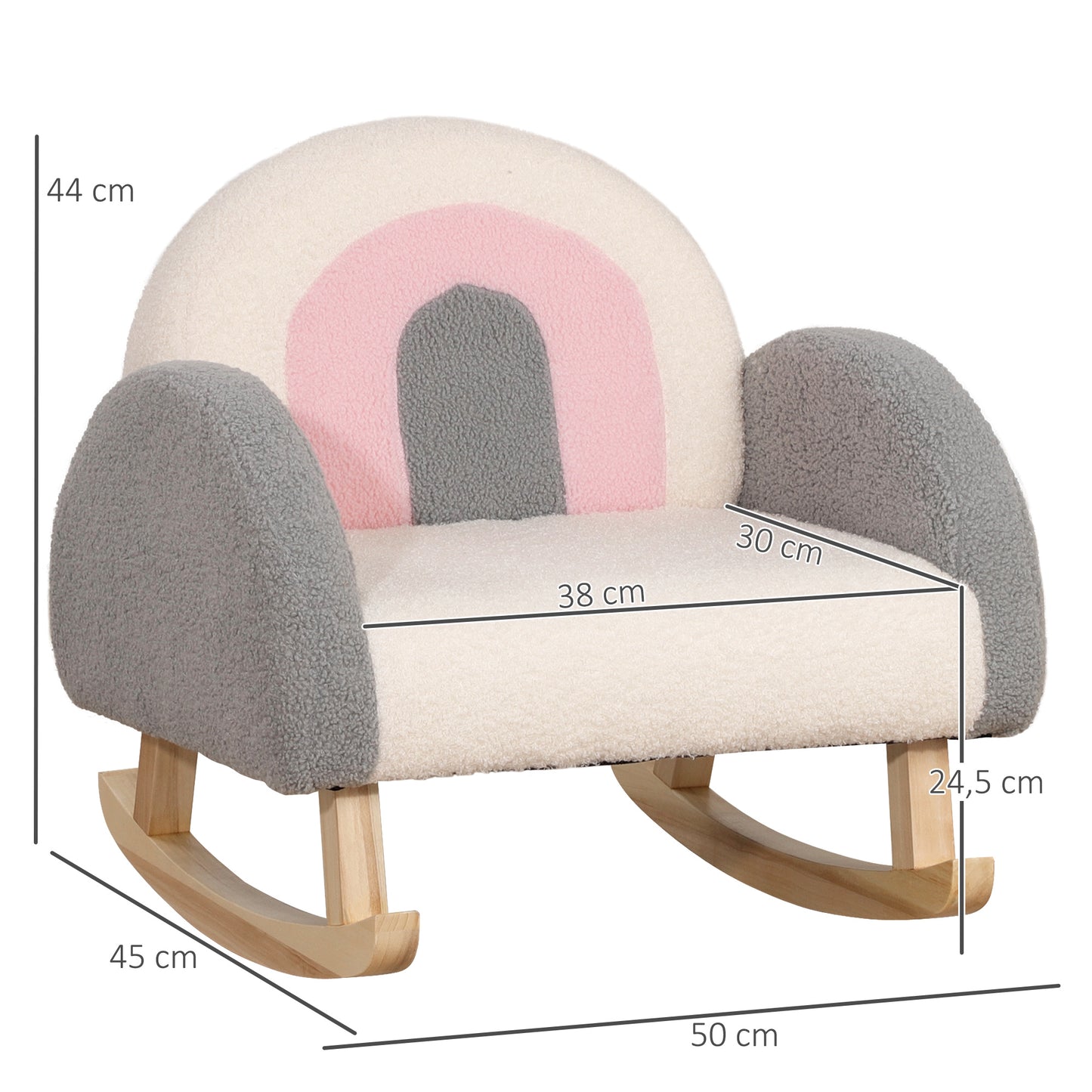 HOMCOM Schaukelstuhl für Kleinkinder, niedliches Design, Schaffell-Imitat, Eukalyptusholz, 50 x 45 x 44cm, grau+rosa+creme