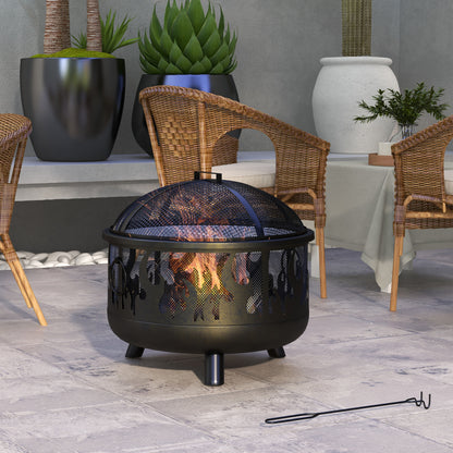 Outsunny Feuerschale Feuerstelle, inkl. Funkenschutz, 1 Schürhaken, Ø61,5 cm x 52 cm, Schwarz