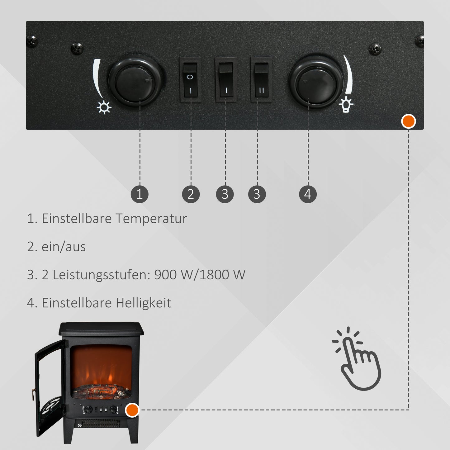 HOMCOM LED Elektrokamin Standkamin mit Flammeneffekt 900/1800W Schwarz