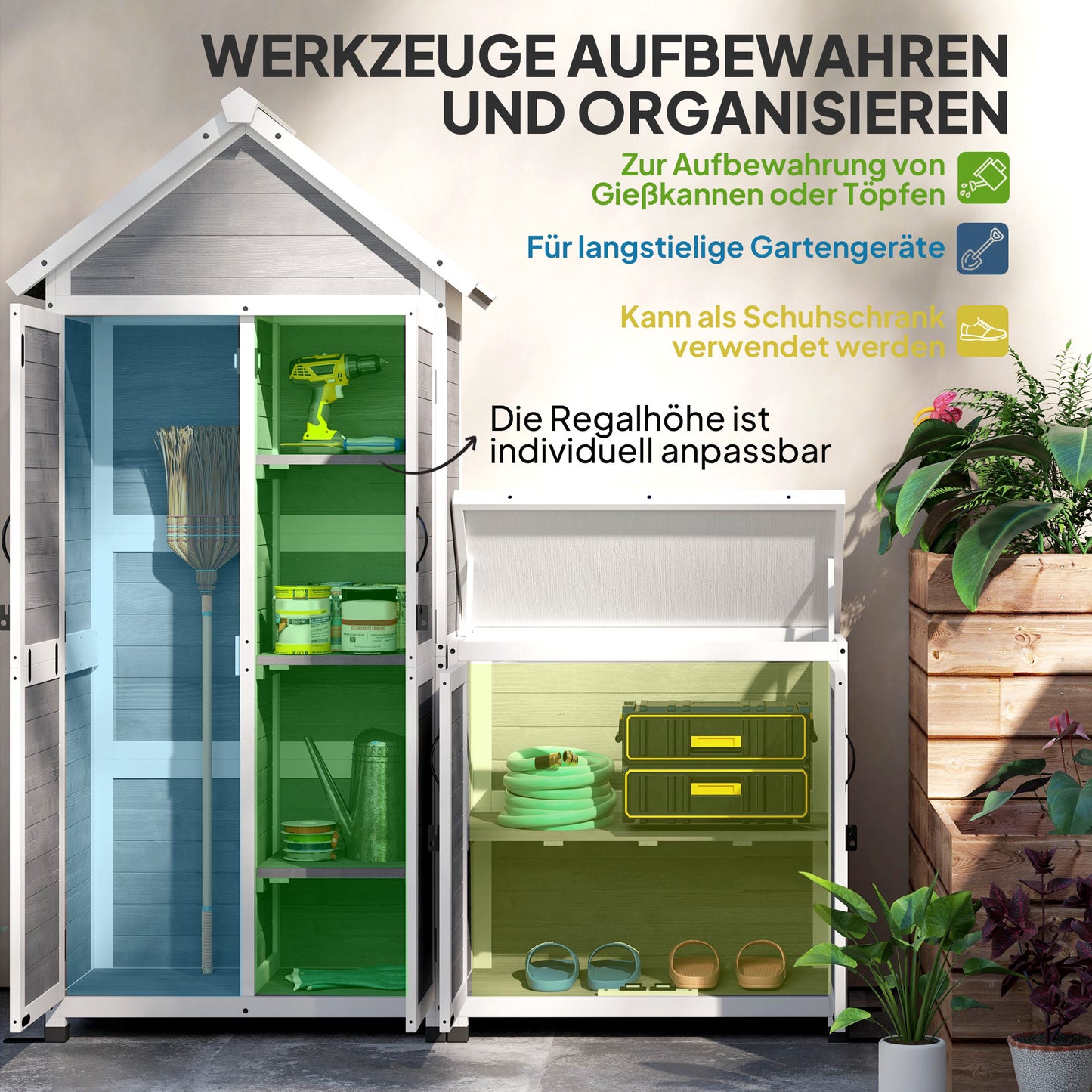 Outsunny Gartenschuppen mit Aufbewahrungsschrank, anpassbare Regale, verschließbare Türen, wasserfest, Fichtenholz, Hellgrau