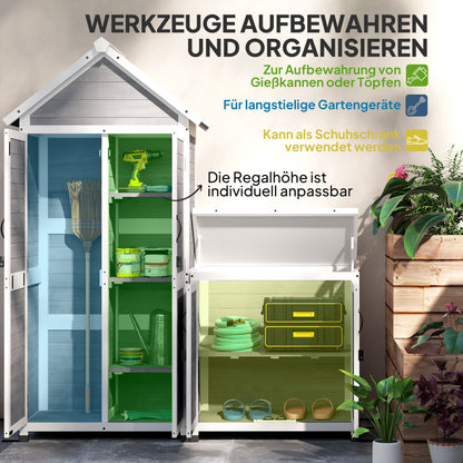 Outsunny Gartenschuppen mit Aufbewahrungsschrank, anpassbare Regale, verschließbare Türen, wasserfest, Fichtenholz, Hellgrau