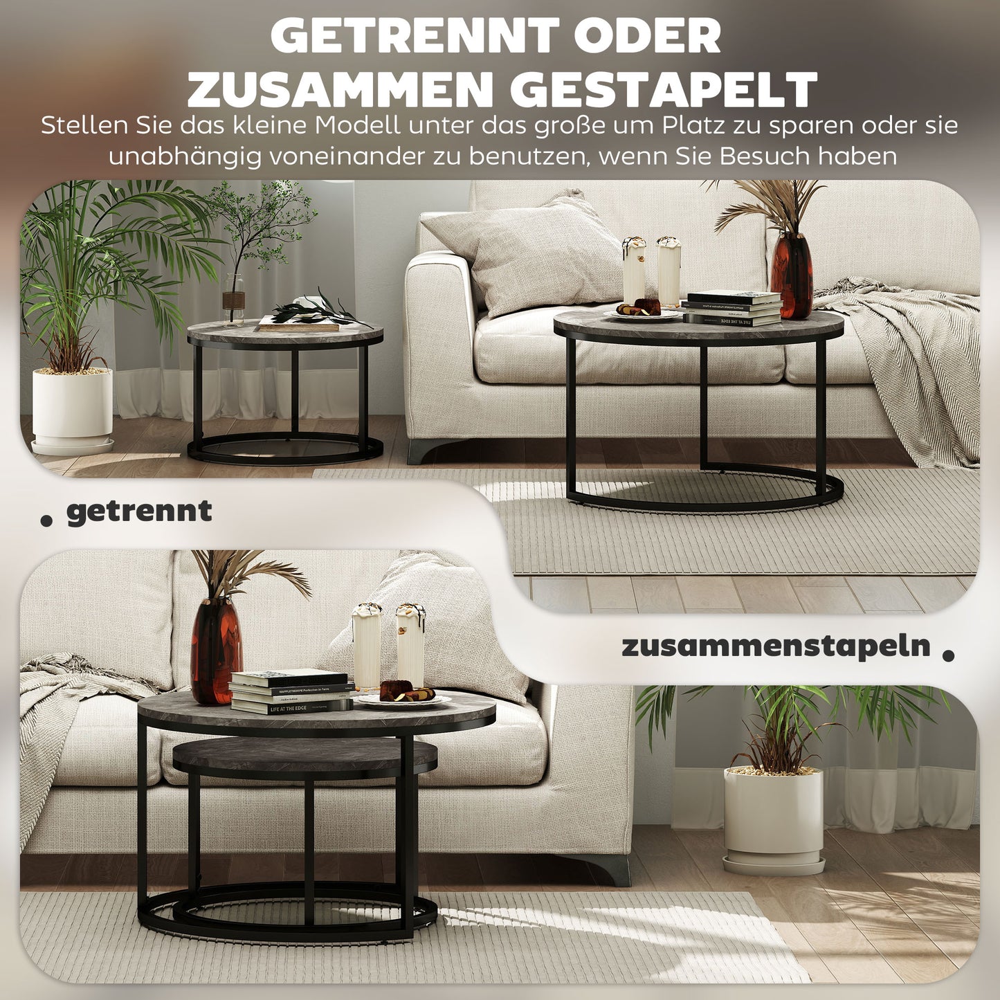 HOMCOM 2er-Set runde Couchtische، stapelbare Beistelltische mit Metallrahmen، Wohnzimmertisch في Marmoroptik، Kaffeetisch، Grau