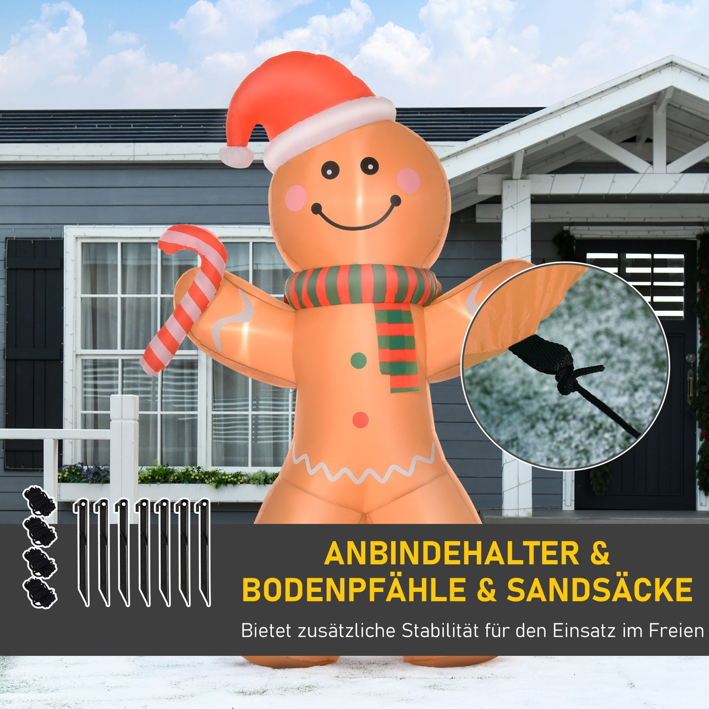 HOMCOM Selbstaufblasender Lebkuchenmann, inkl. Gebläse, Weihnachtsdekoration 2,4 m mit LED-Lichtern