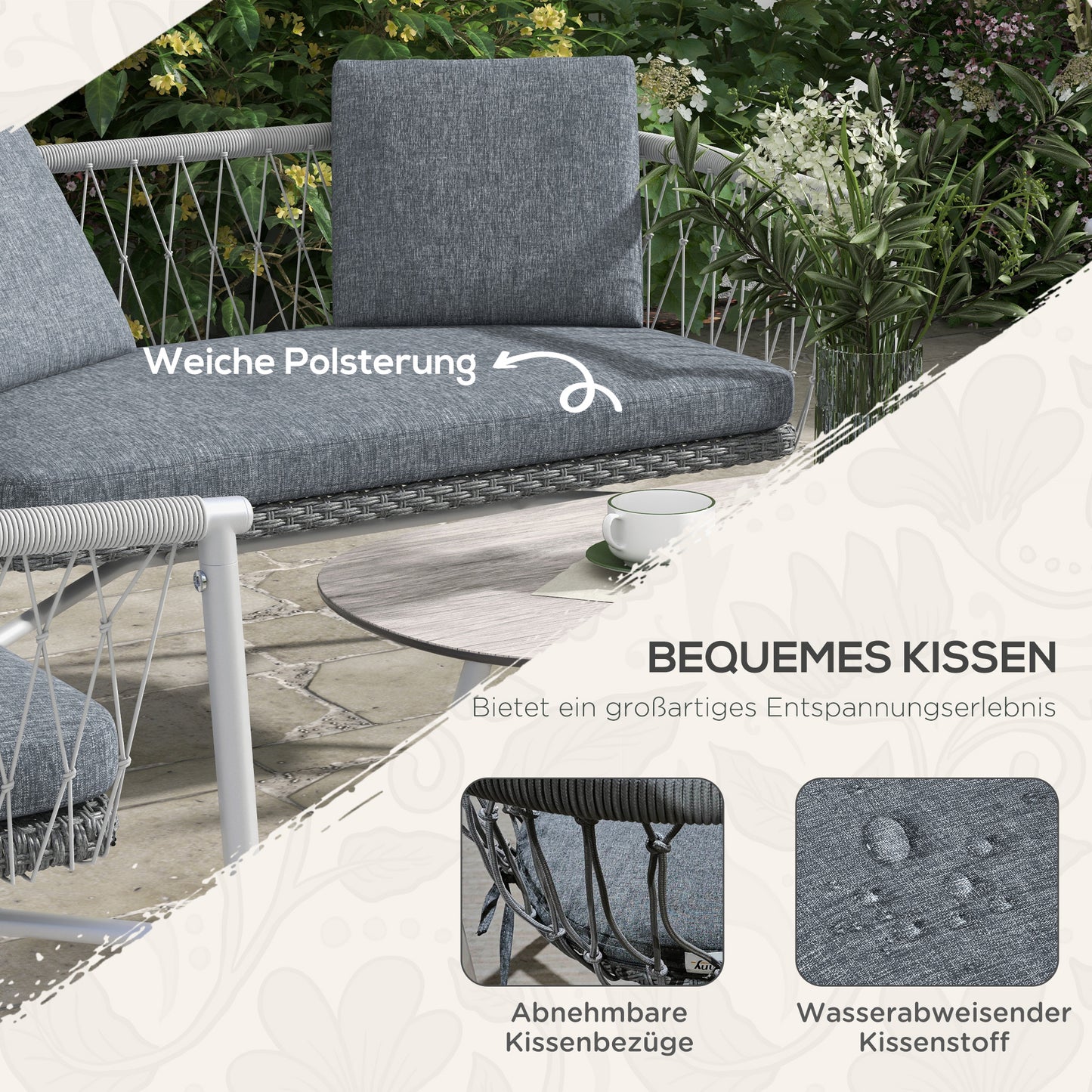 Outsunny Gartengarnitur, 4-teilig, Schaukelfunktion, Sitzauflagen, Polyrattan, Metallgestell, Grau