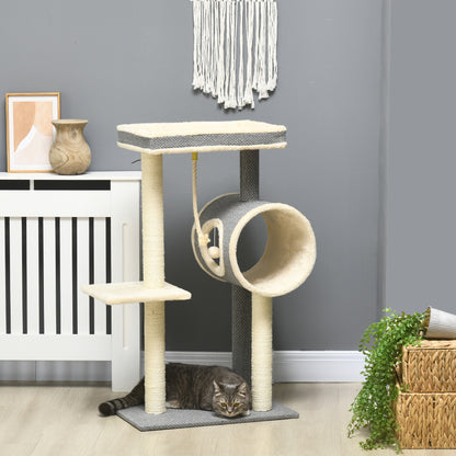 PawHut Kratzbaum Katzenbaum, 1 Katzenhöhle, 2 Liegeflächen, 60 cm x 40 cm x 104 cm, Grau + Natur
