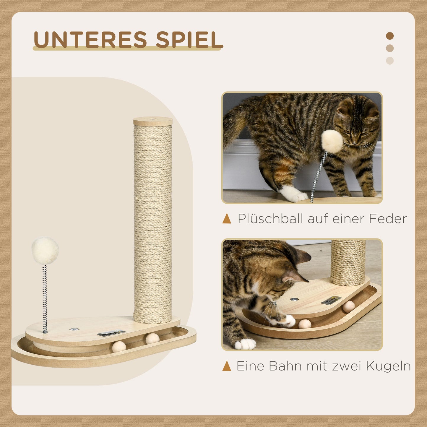 HOMCOM Kratzbaum für Kitten inkl. Spielzeug, Kugelbahn, Kugel mit Feder, 35 cm x 23 cm x 40 cm, Natur