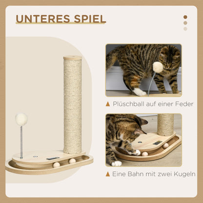 HOMCOM Kratzbaum für Kitten inkl. Spielzeug, Kugelbahn, Kugel mit Feder, 35 cm x 23 cm x 40 cm, Natur
