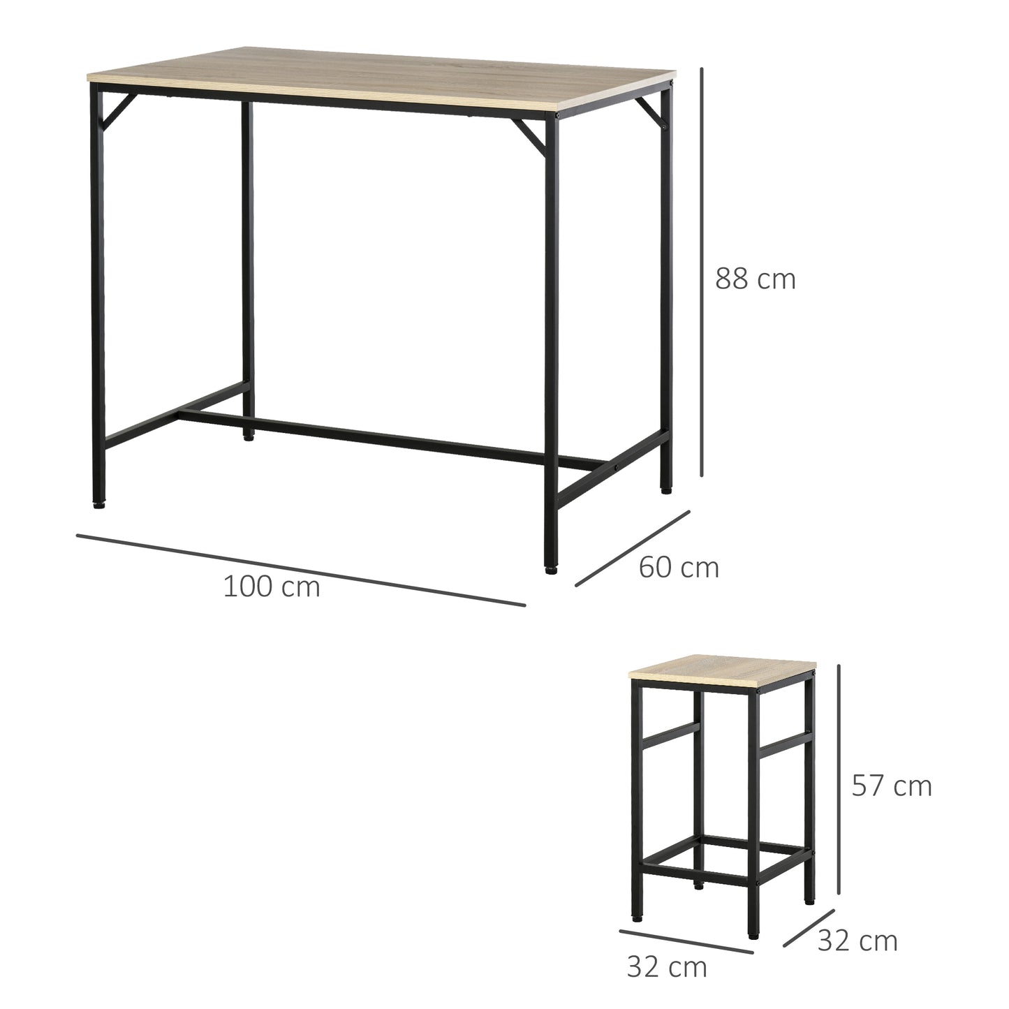 HOMCOM Bartisch-Set Stehtisch mit 4 Barhockern 5-teiliges Tischset Stahl Eiche