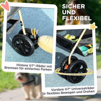 PawHut 3-in-1-Haustierkinderwagen, zusammenklappbarer Hundewagen mit 4 Rädern und abnehmbarer Trage für Hunde und Katzen, Grau