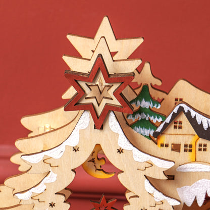 HOMCOM Weihnachtsdorf im Winterwunderland, 20 LED-Lichter, mehrschichtig, Naturholz, 45 x 12 x 30 cm