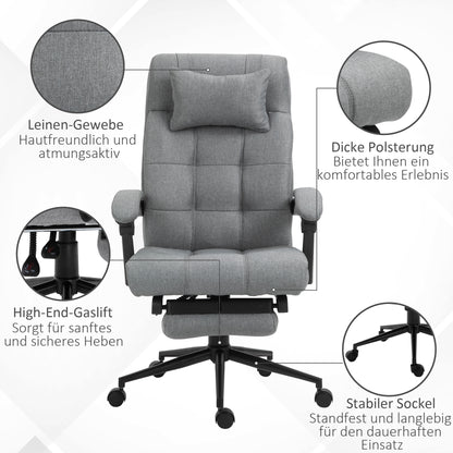 Vinsetto Bürostuhl mit Kopfkissen Armlehne Schreibtischstuhl mit Neigungswinkel Höhenverstellbarer Drehstuhl mit Fußstütze Leinen Schaumstoff PVC Hellgrau 66 x 76 x 112-120 cm