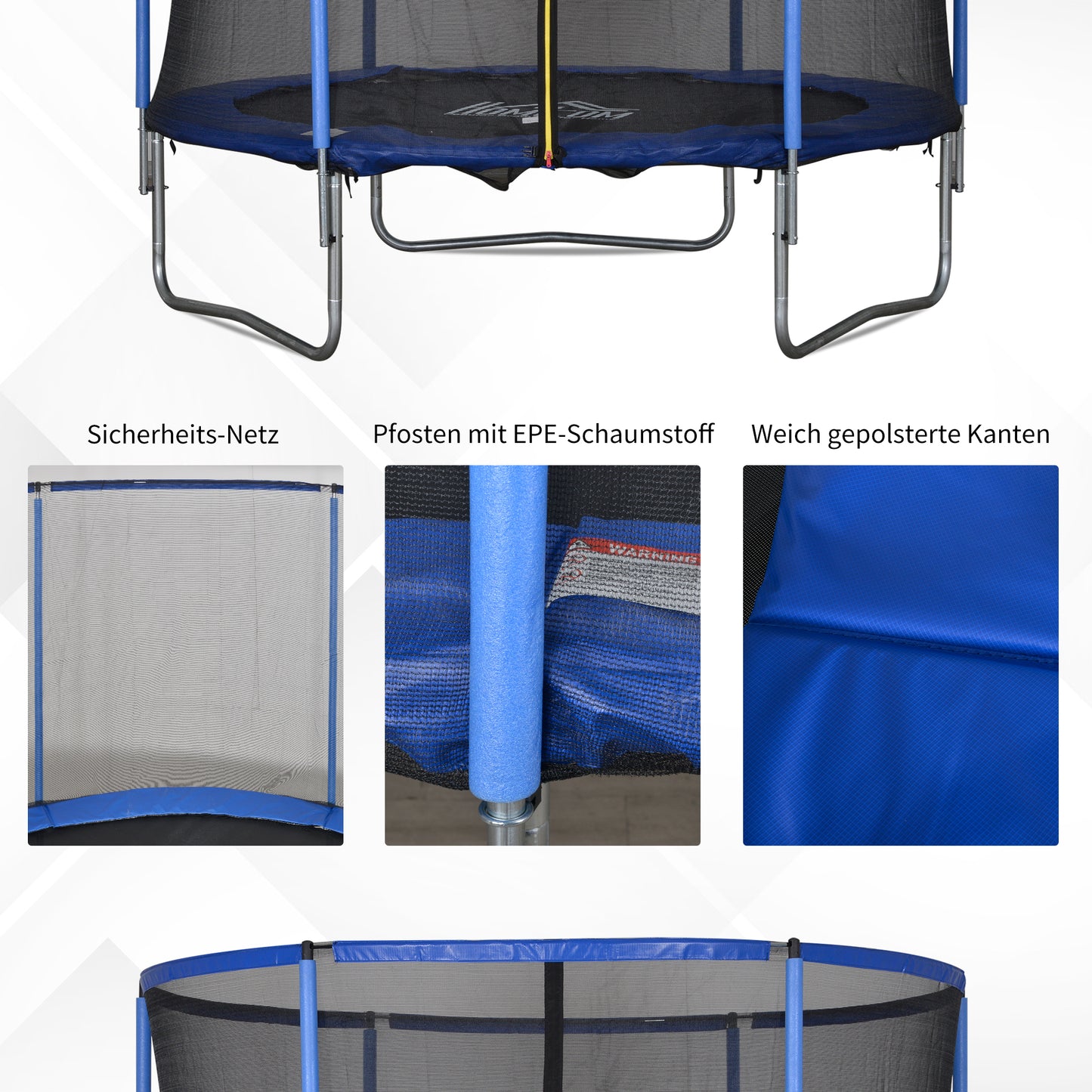 HOMCOM Trampolin mit Sicherheitsnetz Gartentrampolin für Innen- und Außenbereich Fitnesstrampolin für Jugendliche und Erwachsene Stahl Blau+Schwarz bis 113,6 kg Ø244 x 240H cm
