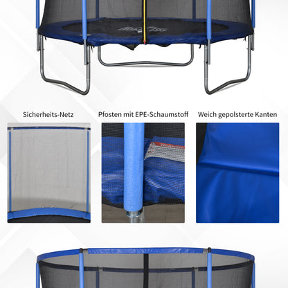 HOMCOM Trampolin mit Sicherheitsnetz Gartentrampolin für Innen- und Außenbereich Fitnesstrampolin für Jugendliche und Erwachsene Stahl Blau+Schwarz bis 113,6 kg Ø244 x 240H cm