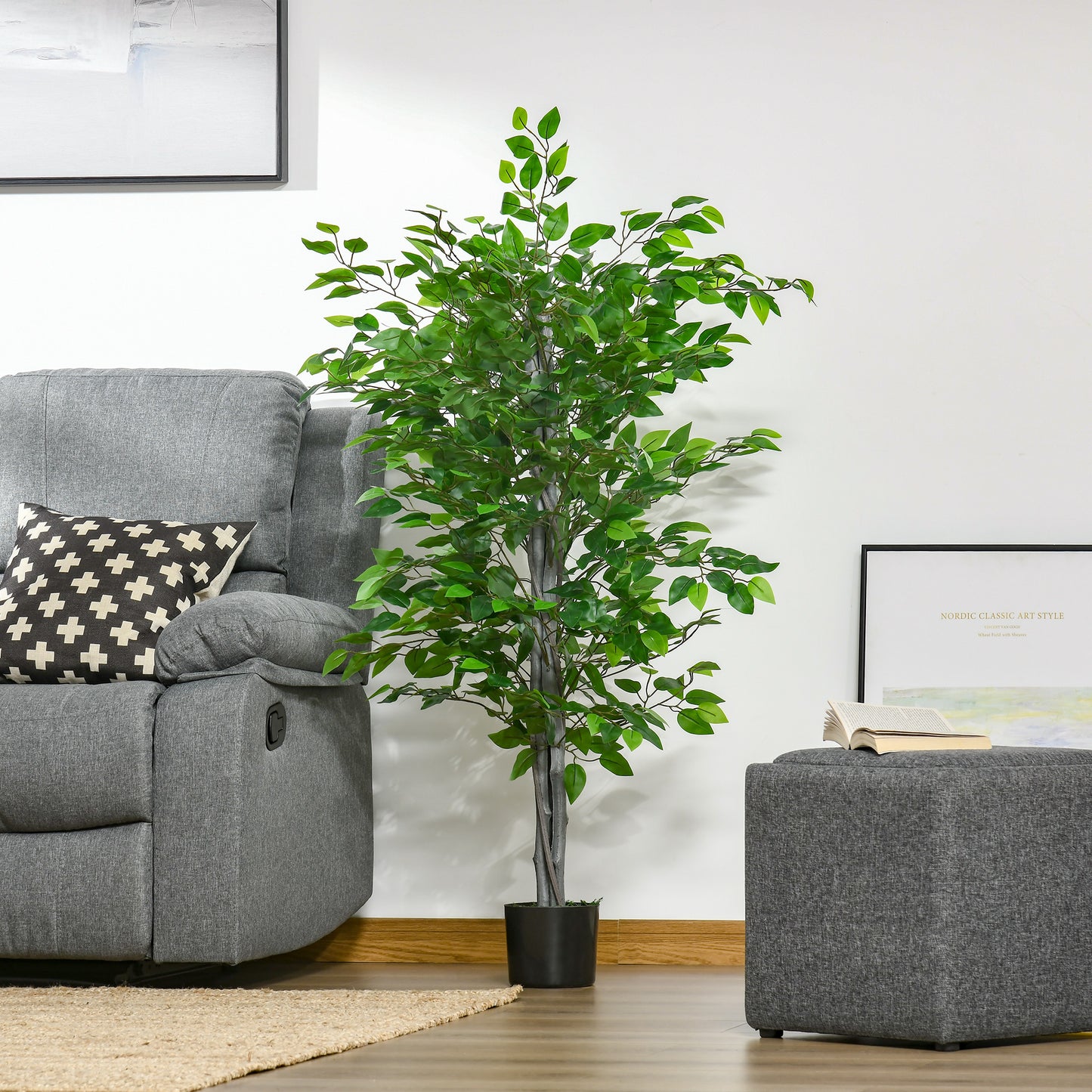 HOMCOM Künstlicher Baum, Ficus-Kunstpflanze, realistisches Aussehen, Zementtopf, 135 cm, pflegeleicht, Kunststoff, Grün