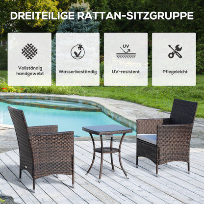 Outsunny Polyrattan Gartenmöbel Set, Outdoor Lounge Balkonmöbel für 2 Personen, 3-teilig Sitzgruppe, 2 Stühle, Tisch Sitzkissen, Gartenlounge für Garten, Terrasse, Balkon, Braun
