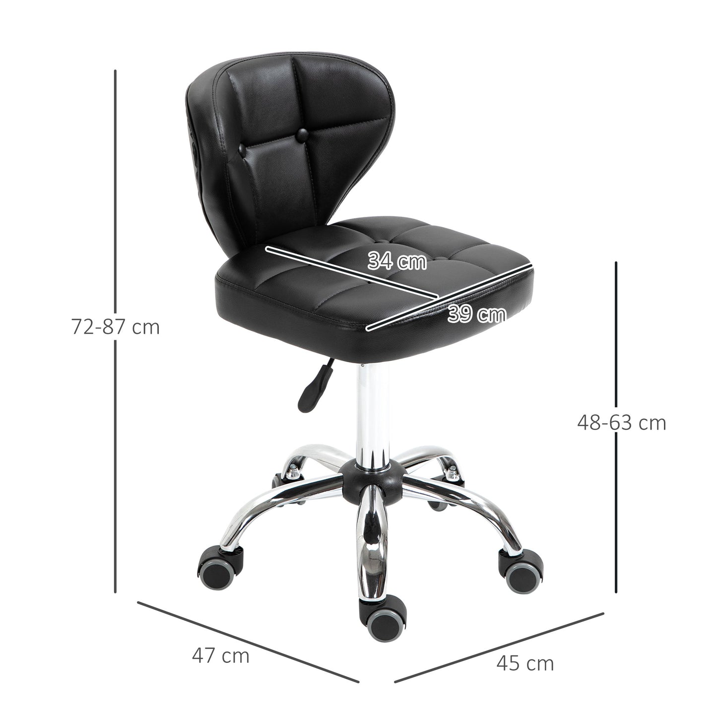 HOMCOM 2er-Set Arbeitshocker mit Rückenlehne Rollhocker aus Kunstleder Drehhocker mit Lehne Kosmetikhocker Rollhocker Bürohocker 72-87 cm höhenverstellbar Büro Dunkelgrau 45 x 47 x 72-87 cm