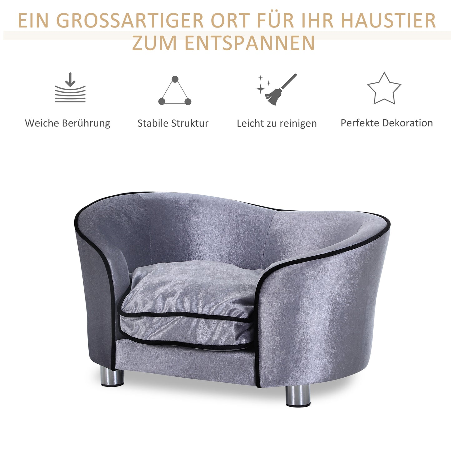 PawHut Hundesofa, Hundebett, waschbares Sitzkissen, Plüschbezug, Naturholzrahmen, hellgrau, 69 x 49 x 38cm