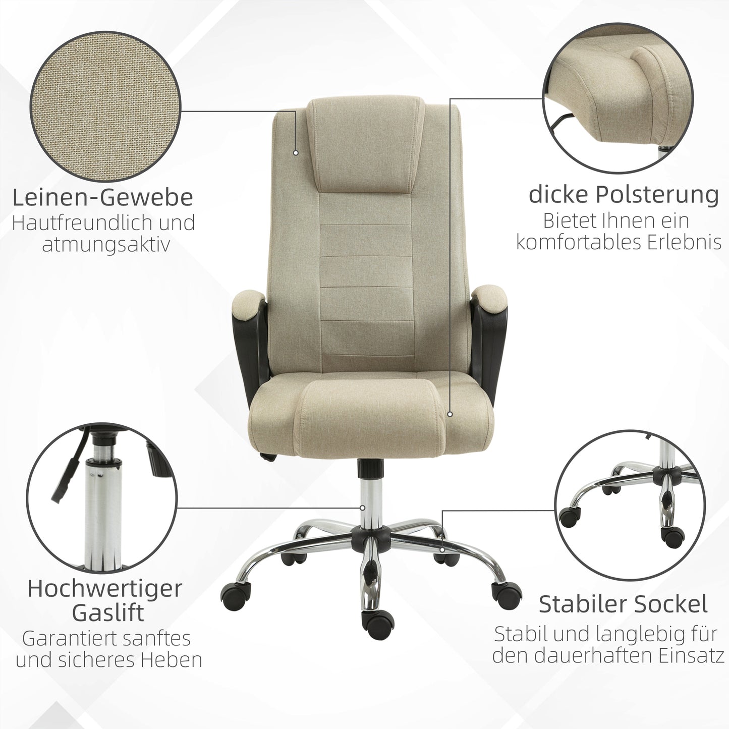 Vinsetto Bürostuhl in Leinenoptik, höhenverstellbar, Wippfunktion, 5 Rollen, Beige