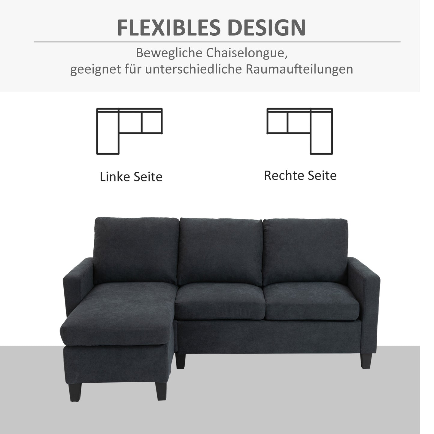 HOMCOM Ecksofa, Couchgarnitur, mit wendbarer Chaiselongue, 197 x 139 x 91cm, dunkelgrau