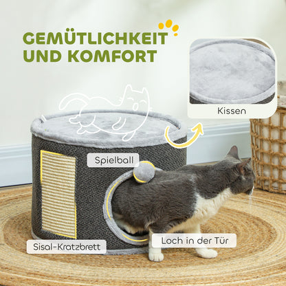 PawHut Katzenhöhle, 2 Etagen, Katzenhaus, Plüsch, Kissen, Sisal-Kratzbrett, Φ40 x 30H cm, Dunkelgrau