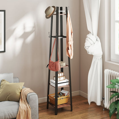 HOMCOM Garderobenständer mit 4 Ebenen, freistehender Kleiderständer, 8 Haken, 4 Regale, Industrie-Stil, Metall, Spanplatte, Braun