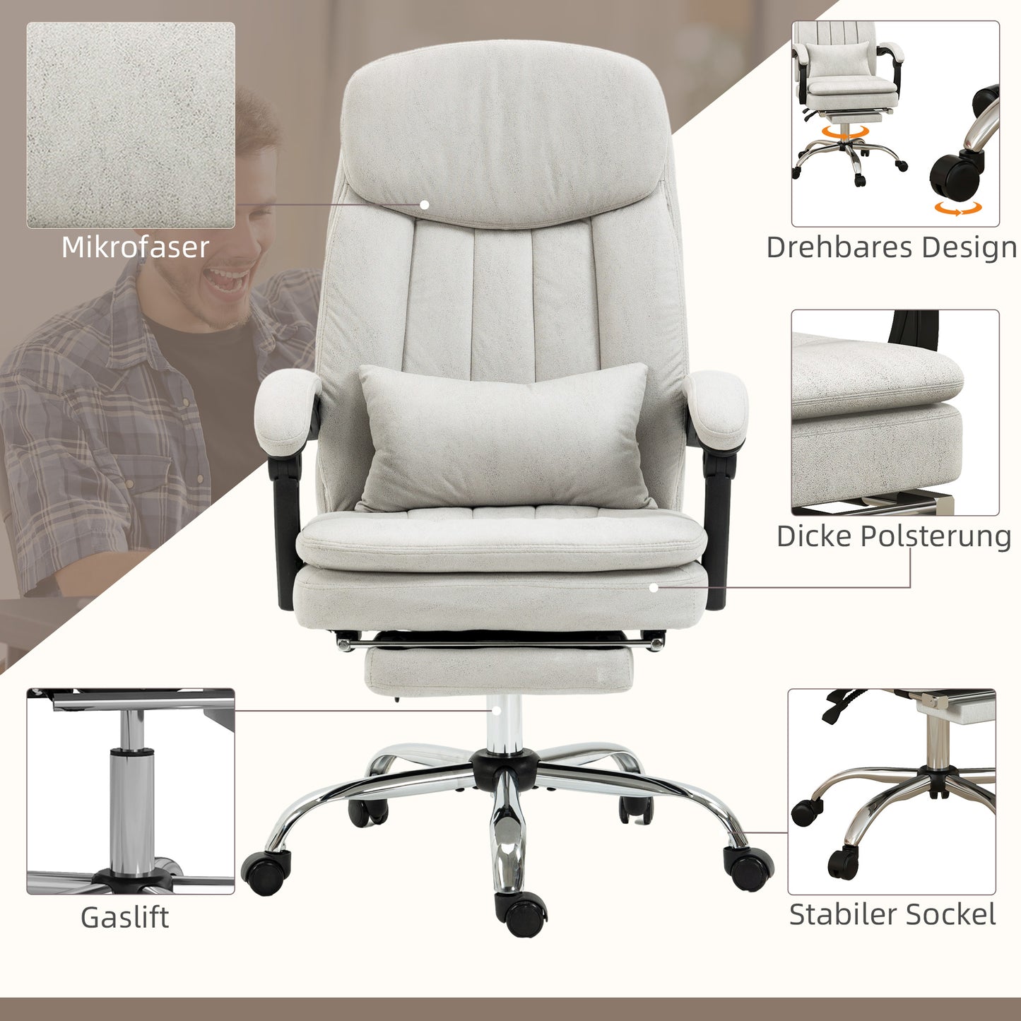 Vinsetto Bürostuhl mit Massage- und Heizfunktion, ergonomisch, 66x67x110-118cm, Cremeweiß