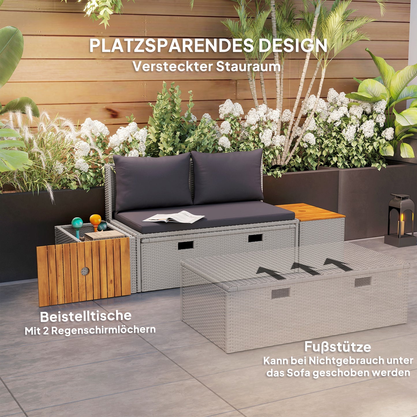 Outsunny Polyrattan Sonnenliege für 2 Personen Doppelliege mit Fußhocker Staurum Auflagen 125x114x72,5 cm Grau